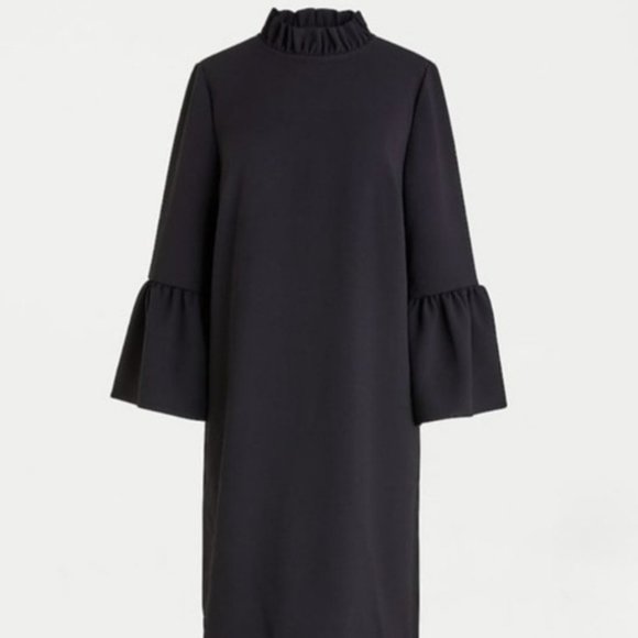 J. Crew Black Bell Sleeve Ruffle Neck Midi Shift Dress Size 00 - Picture 3 of 10